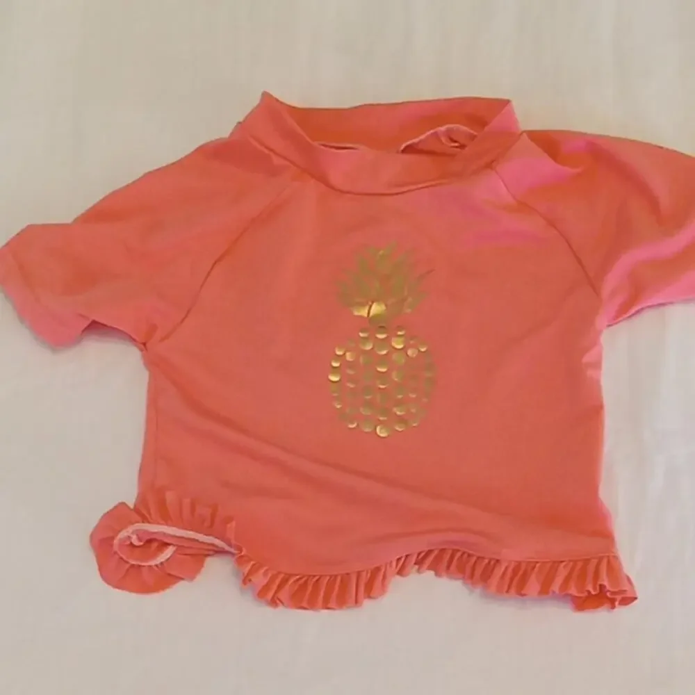 Lily & Dan Girl's Size Medium Orange Swim Top with Gold Pineapple. Bight, Summer
